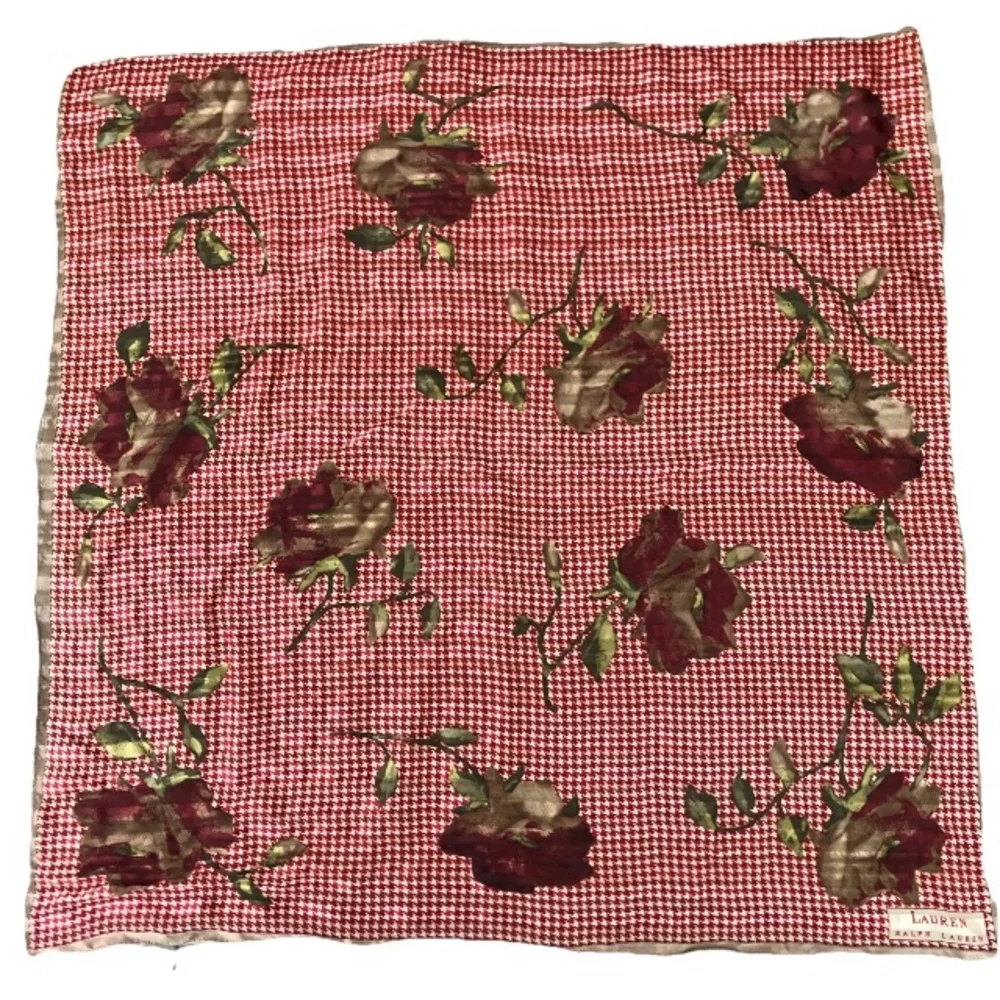 Ralph Lauren Vintage Houndstooth Rose 100% Printed Silk Red Gold Scarf 21”x21”.